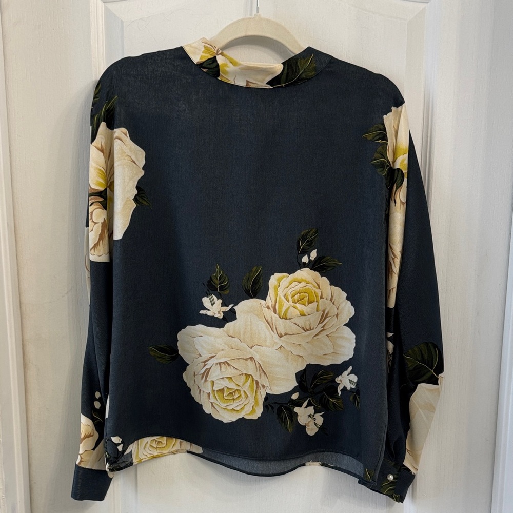 Zara Navy Floral Blouse with Cream Roses
